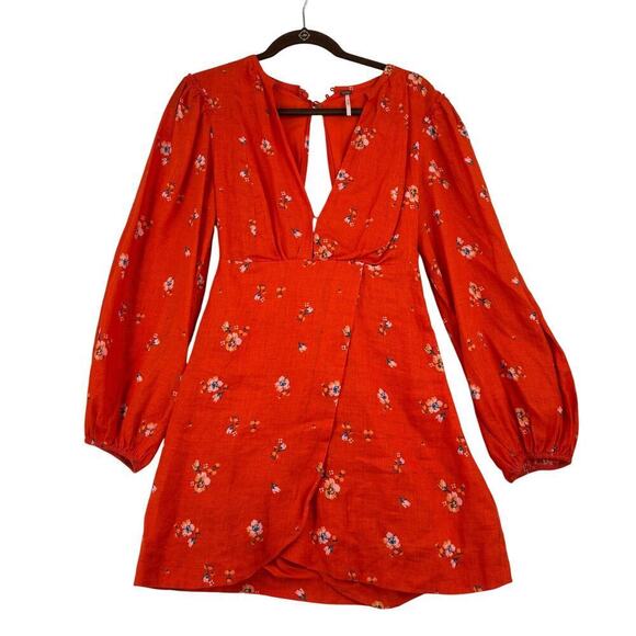 Free People Mini Dress Size 4 Orange Floral Belted Faux Wrap Balloon Sleeves - Picture 2 of 13
